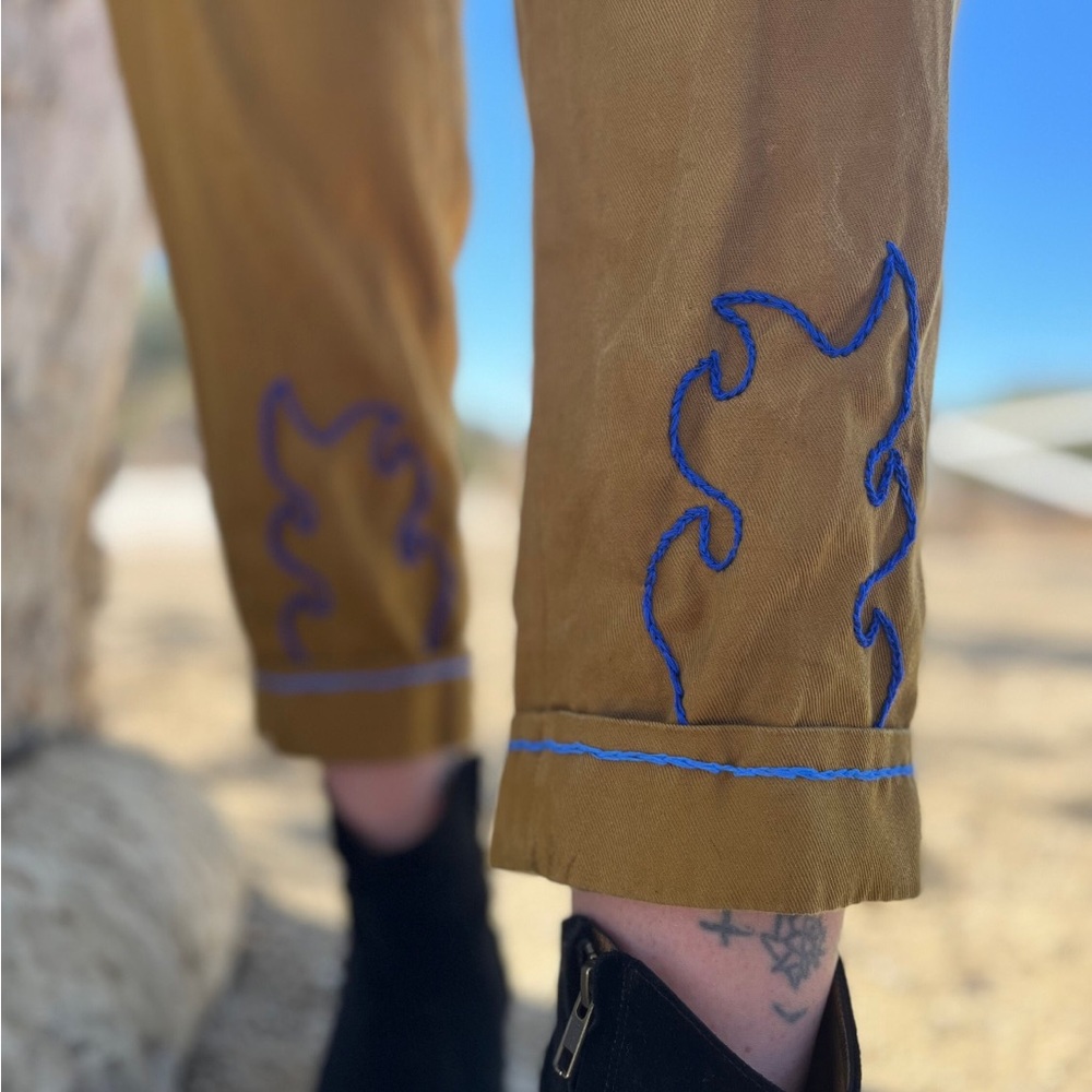 SAFFRON PLEATED TROUSERS. W/FLAME STITCHING